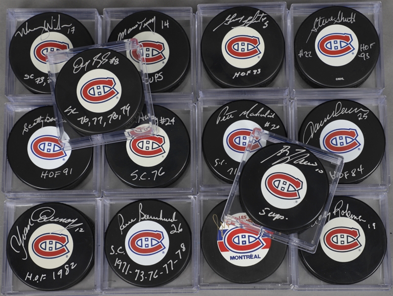 Montreal Canadiens 1976 Stanley Cup Champions Signed Puck Collection of 14 Featuring 8 Hall of Fame Members Including Lafleur, Cournoyer, Lapointe and Robinson with LOA