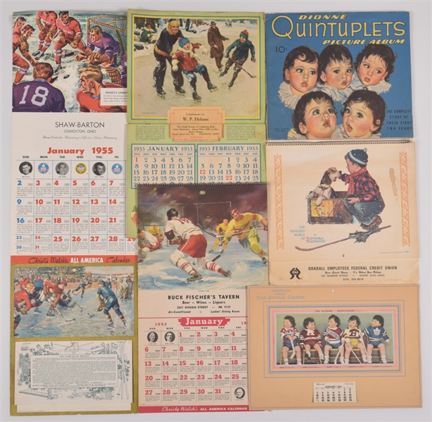 Vintage 1910s-1980s Hockey Calendar Collection of 5 Including 1937 Dionne Quintuplets Hockey Calendar