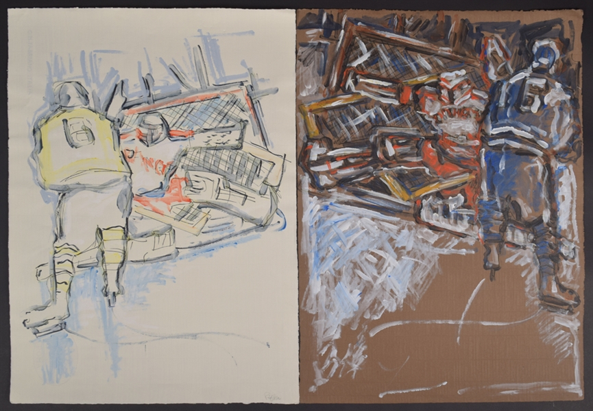 Pair of Original Water Color Hockey Paintings by Rifka (19 ½” x 26 ½”) 