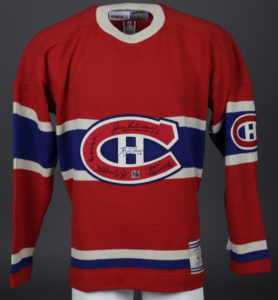 Montreal Canadiens Vintage-Style Jersey Signed by 5 Legends with LOA - Beliveau, Cournoyer, Worsley, Lafleur and Henri Richard