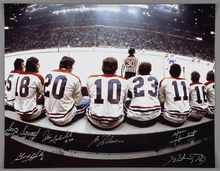 Montreal Canadiens "The Bench" Multi-Signed Photo by 6 with Lafleur, Lapointe, Savard and Henri Richard with LOA (11” x 14”) 