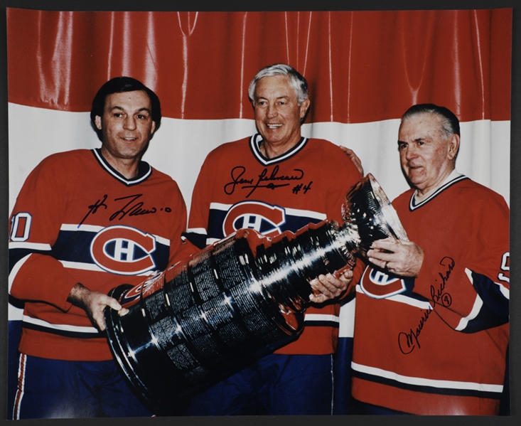 Montreal Canadiens Legends Maurice Richard, Jean Beliveau and Guy Lafleur Triple-Signed Photo with LOA (16” x 20”) 