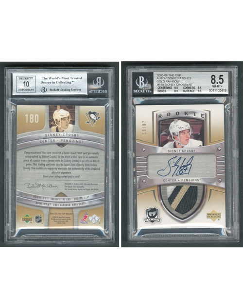 2005-06 Upper Deck "The Cup" Hockey Card #180 Sidney Crosby Autograph Rookie Patch Gold Rainbow #19/87 Beckett-Graded NM-MT+ 8.5
