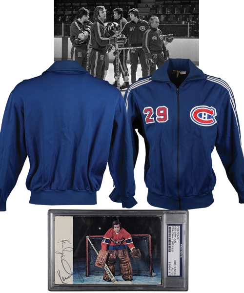 Ken Drydens Early-to-Mid-1970s Montreal Canadiens Training Jacket Plus PSA/DNA Certified Montreal Canadiens Signed Postcard