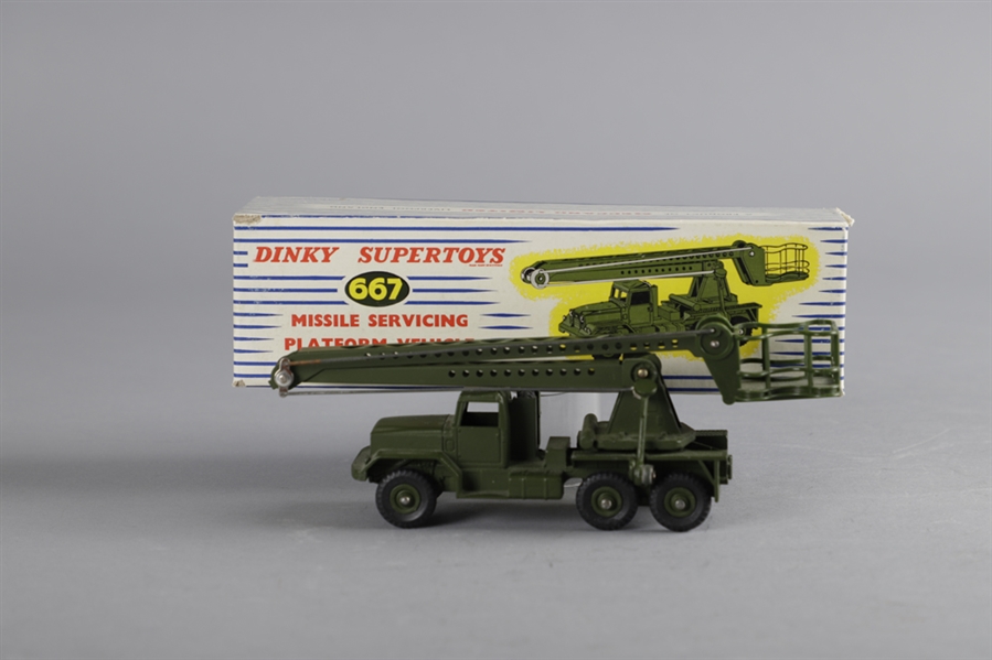 Vintage Dinky Supertoys #667 Missile Servicing Platform Vehicle and #893 Unic Sahara Tractor in Their Original Boxes