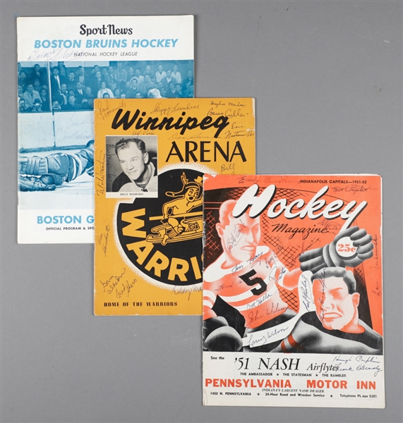 Bruins vs Canadiens 1967 Old-Timers Program (23 Sigs Inc. Shore Clapper Cowley), 1955-56 Winnipeg Warriors Program (15 Sigs Inc. Mosienko Shero) and 1951-52 Indianapolis Capitals Program (16 Sigs)