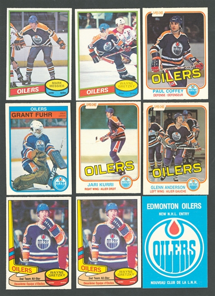 Edmonton Oilers Collection with 1979-80 Postcards Inc. Gretzky, 1979-88 O-Pee-Chee / Red Rooster Hockey Cards Inc. RCs of Messier, Coffey and Others and Gretzky 1980-81 Card Plus Much More!