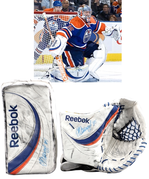 Nikolai Khabibulins 2009-10 Edmonton Oilers Signed Reebok Game-Used "Retro Colors" Glove and Blocker with Team LOA - Both Photo-Matched!