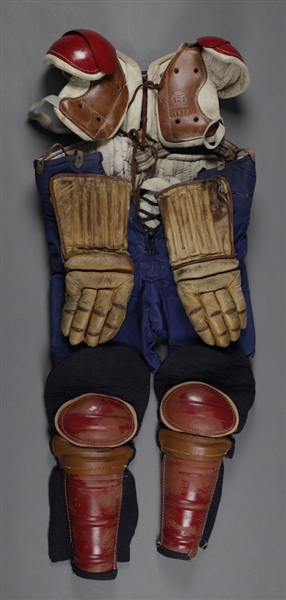 Vintage 1940s/1950s Adult Hockey Equipment Collection Including D&R Pants, Reach Shoulder Pads, Elbow Pads, Shin Guards and Holden Polar Brand Long Fingers Leather Hockey Gloves