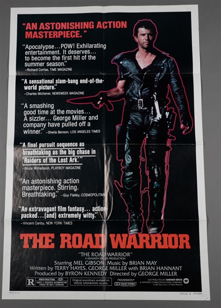 1981 Escape from New York (Kurt Russell – Columbia 26 ¾” x 40”) and 1982 The Road Warrior / Mad Max (Mel Gibson - Warner Brothers 26 ¾” x 41”) Action / Science Fiction One Sheet Movie Posters