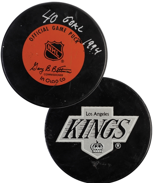 Luc Robitailles 1993-94 Los Angeles Kings 40th Goal Puck with His Signed LOA
