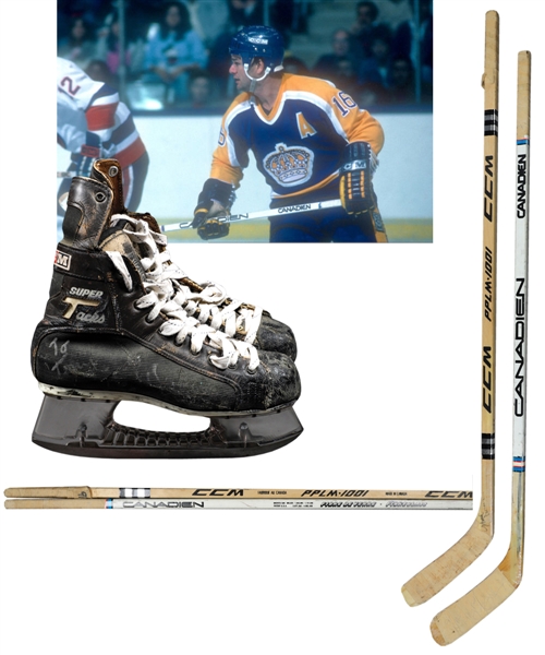 Marcel Dionnes 1980s Los Angeles Kings Signed Game-Used Sticks (2) and Signed CCM Super Tacks Game-Used Skates