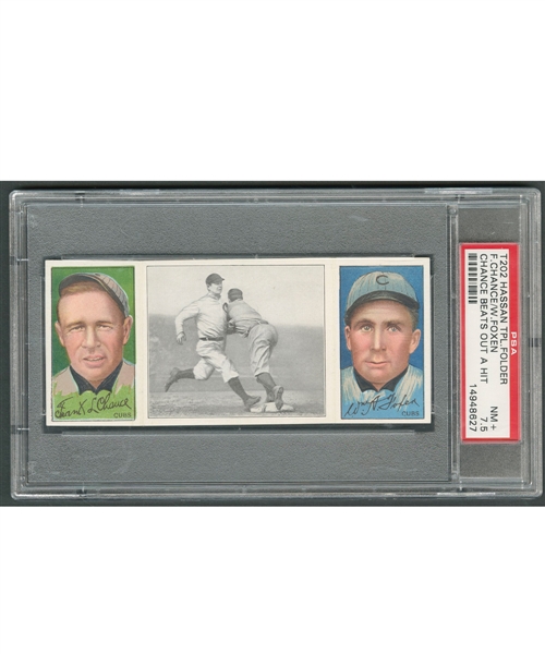 1912 Hassan Triple Folder T202 Baseball Card - Frank Chance, Frank Chance (Beats Out a Hit) and William Foxen - Graded PSA 7.5