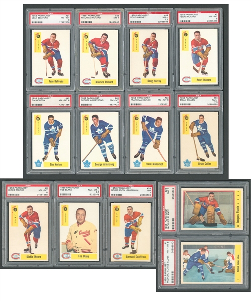 1958-59 Parkhurst Hockey PSA-Graded Complete High Grade 50-Card Set Including PSA 8 NM-MT (32 Cards) and PSA 7 NM (14 Cards)