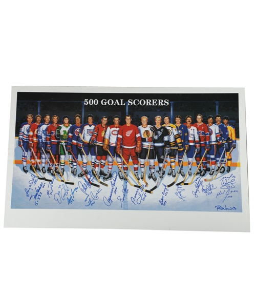 500-Goal Scorers Lithograph Autographed by 16 Including Maurice Richard, Jean Beliveau and Gordie Howe with JSA LOA (22 ½” x 37 ½”)