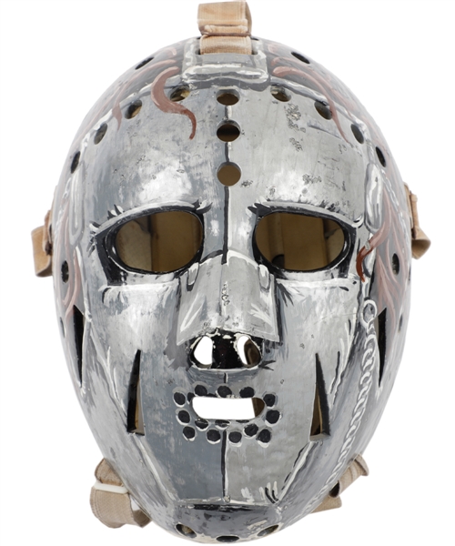 Ernie Higgins Fiberglass Goalie Mask with Label Displayed at "Simmons Sports" Store - "Quiet Riot" Custom Design