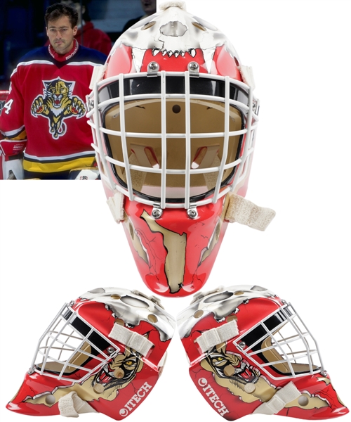 John Vanbiesbrouck Mid-1990s Florida Panthers Pro Return Itech Goalie Mask by Jerry Wright Displayed at "Simmons Sports" Store