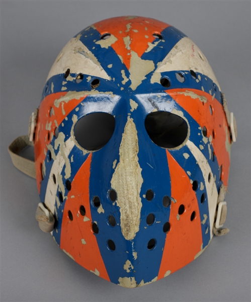 Vintage 1970s Jacques Plantes Company Fibrosport Fiberglass Goalie Mask (Painted in Edmonton Oilers Colors)