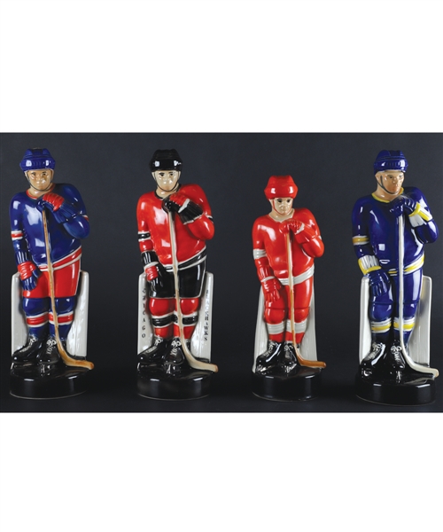 Early-1970s Paul Lux Hockey Decanters - Black Hawks, Rangers, Blues and Red Wings