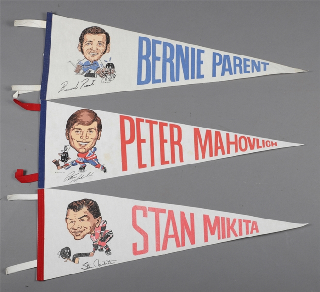 Vintage 1970s/1980s Hockey Pennant Collection of 6 Including Bob Pelkowski Caricature Pennants of Mahovlich, Mikita and Parent