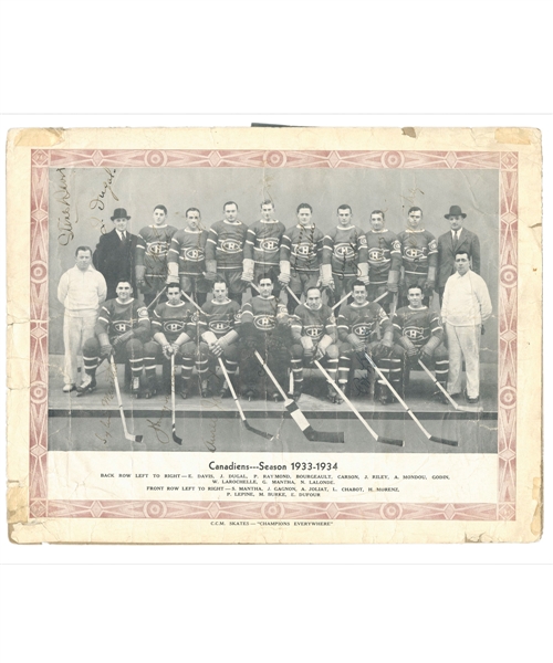 Montreal Canadiens 1933-34 Team-Signed CCM Team Picture by 17 Including Deceased HOFers Howie Morenz, Aurele Joliat and Sylvio Mantha