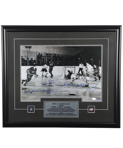 Multi-Signed Toronto Maple Leafs vs Montreal Canadiens Framed Photo of Bill Barilkos Famous 1951 Stanley Cup Goal with JSA LOA (24 ½” x 28 ½”) 