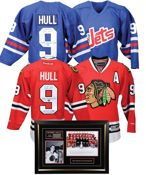 Bobby Hull Autograph Collection of 6 Including Signed Winnipeg Jets Jersey and Signed Chicago Black Hawks Jersey 