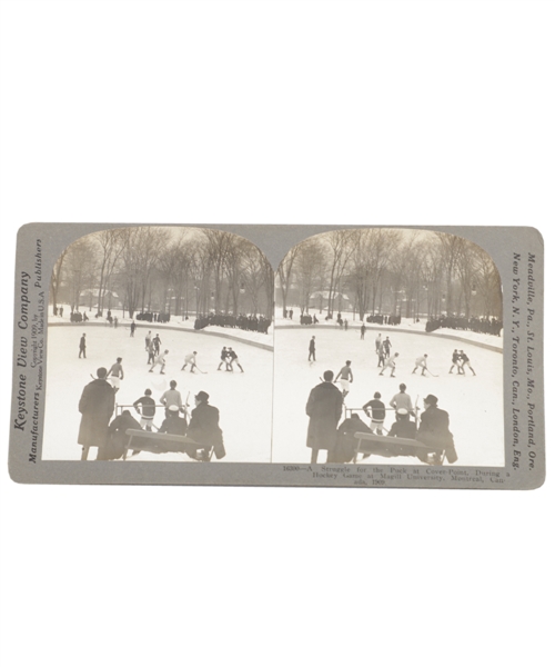 Scarce 1909 Keystone Stereoview Card of a Hockey Game at McGill University