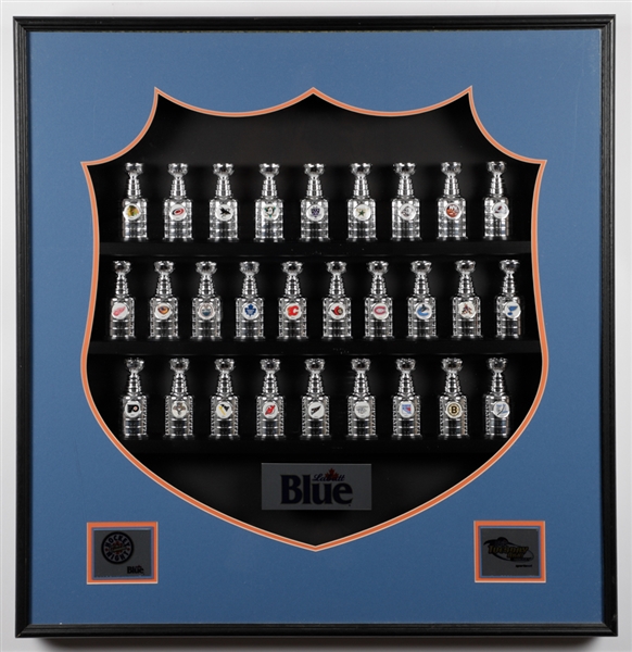 Labatt Blue 1999 Mini Stanley Cup Collection of 28 in Display Case Plus NHL Trophies and Teams Beer Caps Framed Displays (2)