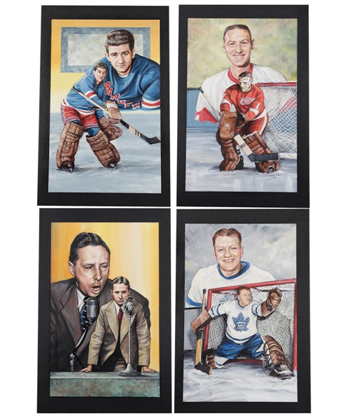 Terry Sawchuk, Turk Broda, Chuck Rayner and Foster Hewitt 1990s Hockey Hall of Fame "Legends of Hockey" Original Paintings by Doug West