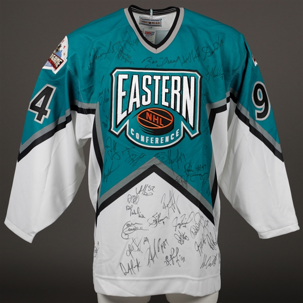 1994 NHL All-Star Game Team-Signed Jersey by Eastern and Western Conference Teams with UDA COA - 40+ Autographs Including Gretzky, Howe, Hull, Chelios, Bourque, Jagr and Others
