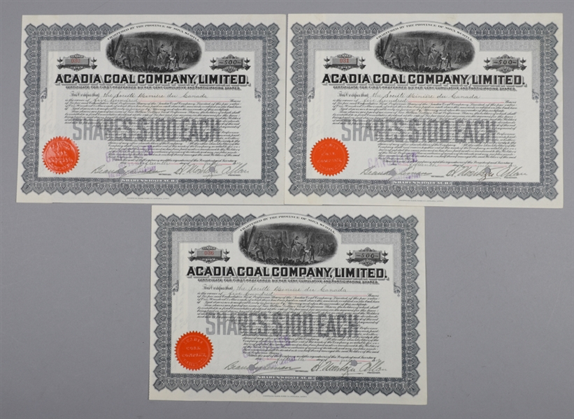 Deceased Hockey HOFer Sir Montagu Allan Signed Late-1910s Arcadia Coal Company Stock Certificates (3)