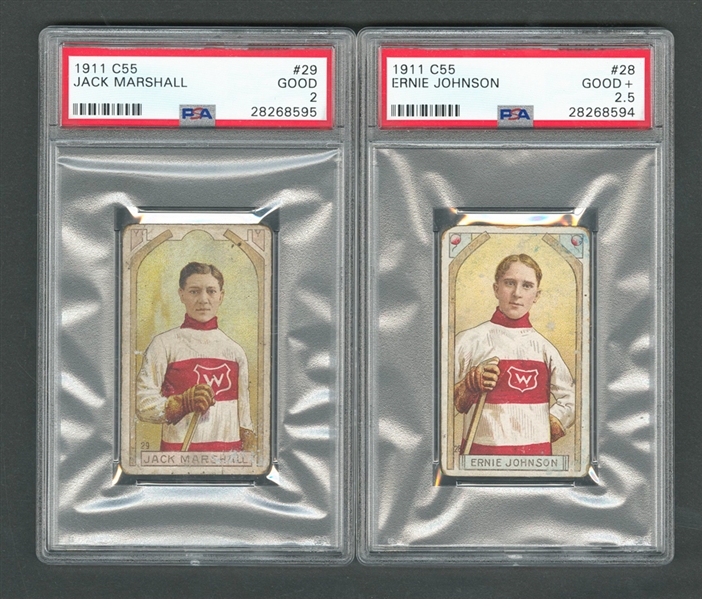 1911-12 Imperial Tobacco C55 Hockey Card #28 HOFer Ernie Johnson RC (Graded PSA 2.5) and #29 HOFer Jack Marshall (Graded PSA 2)
