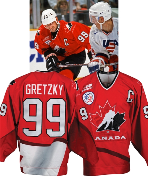 Wayne Gretzkys 1996 World Cup of Hockey Team Canada Pre-Tournament Game-Worn Captains Jersey from Chris Chelios Collection with His Signed LOA and Additional LOA from Shawn Chaulk - Photo-Matched!