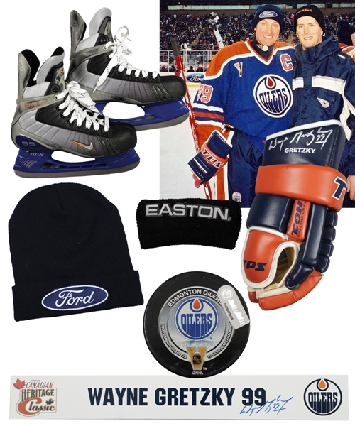 Wayne Gretzkys 2003 Heritage Classic Edmonton Oilers MegaStars Game-Used Nike V12 Skates, Signed Game-Used Glove, Game-Used Toque and Wristband and Signed Locker Room Nameplate with LOAs