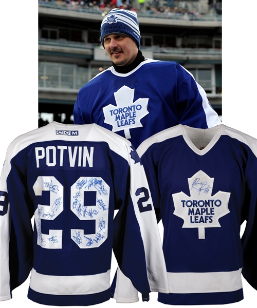 Felix Potvins 2013 Hockeytown Winter Festival Alumni Showdown Toronto Maple Leafs Game-Worn Multi-Signed Jersey - Photo-Matched!