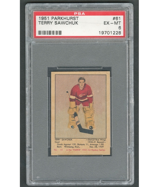 1951-52 Parkhurst Hockey Card #61 HOFer Terry Sawchuk RC - Graded PSA 6