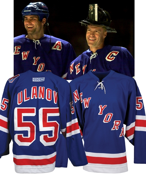 Igor Ulanovs October 7th 2001 New York Rangers Signed Game-Worn Jersey for Twin Towers Fund with Team LOA - 9/11 Patch! - One Game Style "New York" Jersey!