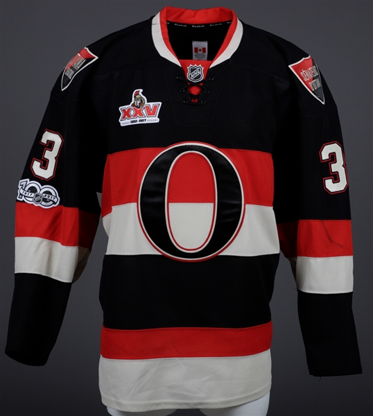 Marc Methots 2016-17 Ottawa Senators "Heritage" Game-Worn Jersey with Team COA - NHL Centennial Patch! - Senators 25th Patch! - Worn in Crosby Slash Game