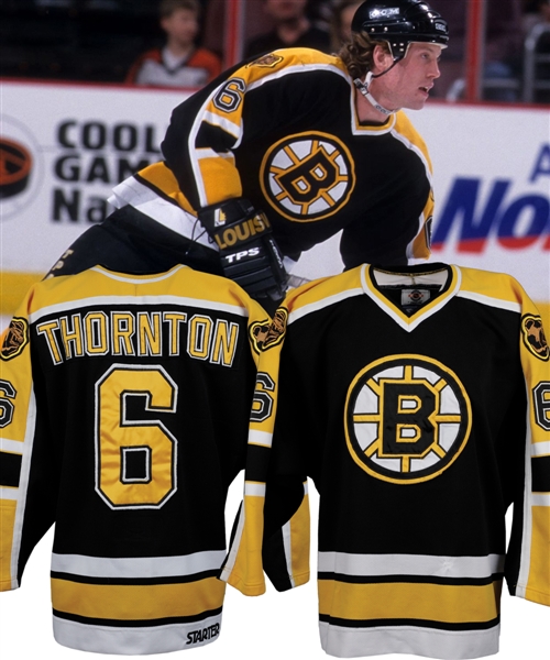 Joe Thorntons 1997-98 Boston Bruins Game-Worn Rookie Season Jersey with LOA - Team Repairs! - Photo-Matched to 1st NHL Career Goal!