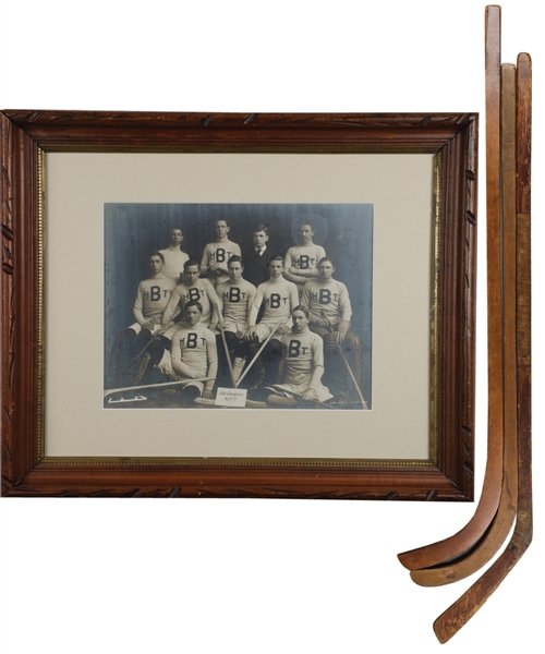 Turn-of-the-Century Ice Hockey / Ice Polo Sticks (3) Including Spalding Plus 1907 HBT Hockey Team Framed Team Photo