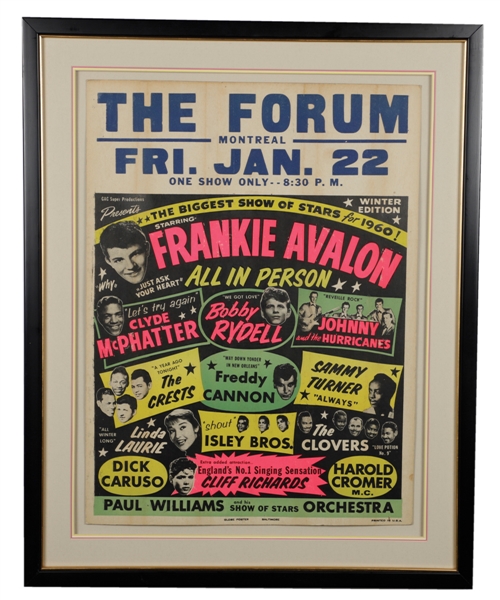 Scarce Montreal Forum 1960 "Biggest Show of Stars" Framed Poster (23 ¼” x 29”) - Frankie Avalon, The Crests, Bobby Rydell, The Clovers and More! 