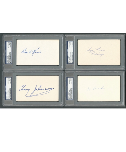 Deceased HOFers Syd Howe, Ching Johnson, Roy Conacher and Bruce Norris Signed Index Cards - All PSA/DNA Certified
