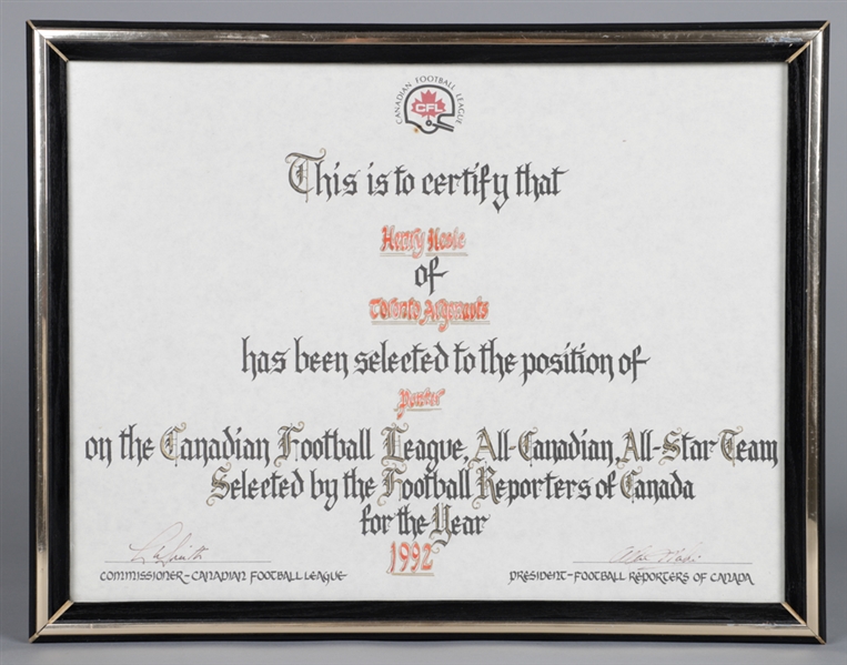 Hank Ilesics 1992 Toronto Argonauts CFL All-Canadian All-Star Team Framed Certificate (13" x 17")