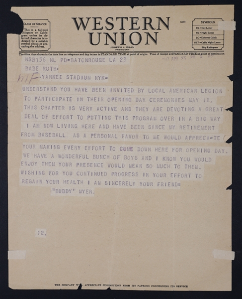 1947 Western Union Telegram Sent to Babe Ruth at Yankee Stadium on April 23 – Four Days Before His Historical Babe Ruth Day Appearance and Speech! 