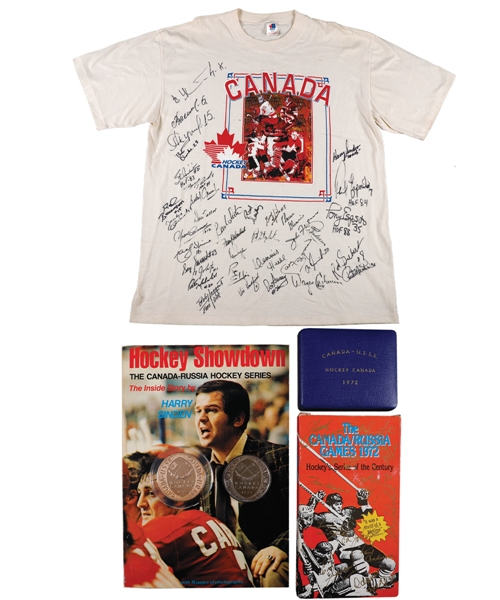 1972 Team Canada Collection with Team-Signed T-Shirt, 1972 Canada-Russia Series Commemorative Silver and Copper Coins (2), Henderson and Sinden Signed Books (6) and Much More!