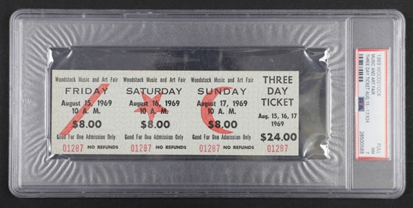 Historic 1969 Woodstock Music Festival Full 3-Day $24.00 Unused Ticket - Graded PSA 7