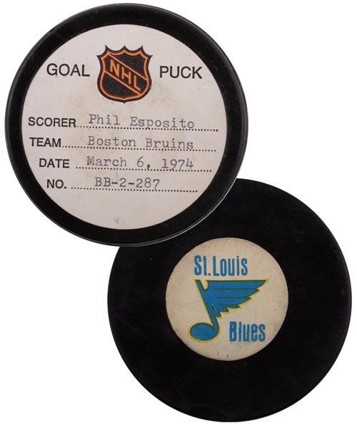 Phil Espositos Boston Bruins March 6th 1974 Goal Puck from the NHL Goal Puck Program - 56th Goal of Season / Career Goal #454 of 717