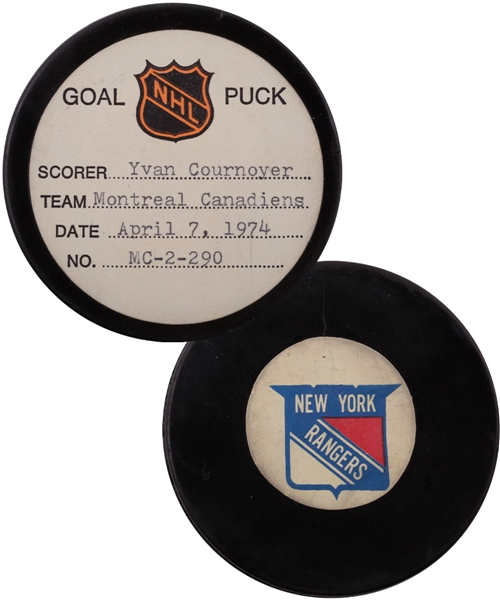 Yvan Cournoyers Montreal Canadiens April 7th 1974 Goal Puck from the NHL Goal Puck Program - 40th Goal of Season / Career #316 of 428
