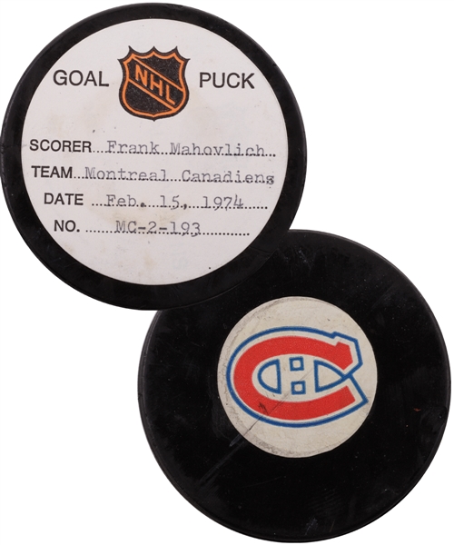 Frank Mahovlichs Montreal Canadiens February 15th 1974 Goal Puck from the NHL Goal Puck Program - 18th Goal of Season / Career Goal #520 of 533